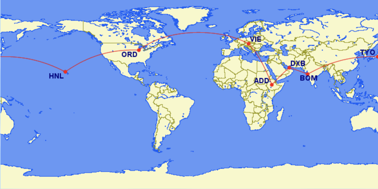 RTW Interary: ord-vie-add-dxb-bom-tyo-hnl-ord