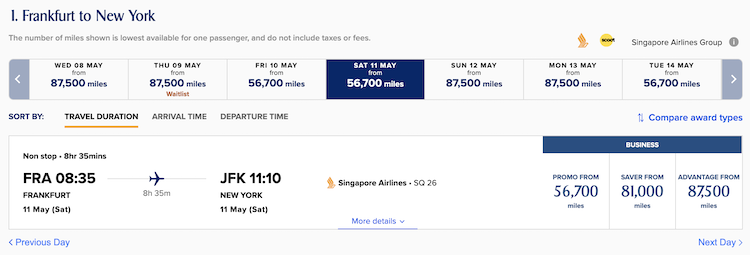 Singapore Spontaneous Escapes FRA-JFK weekly view business class
