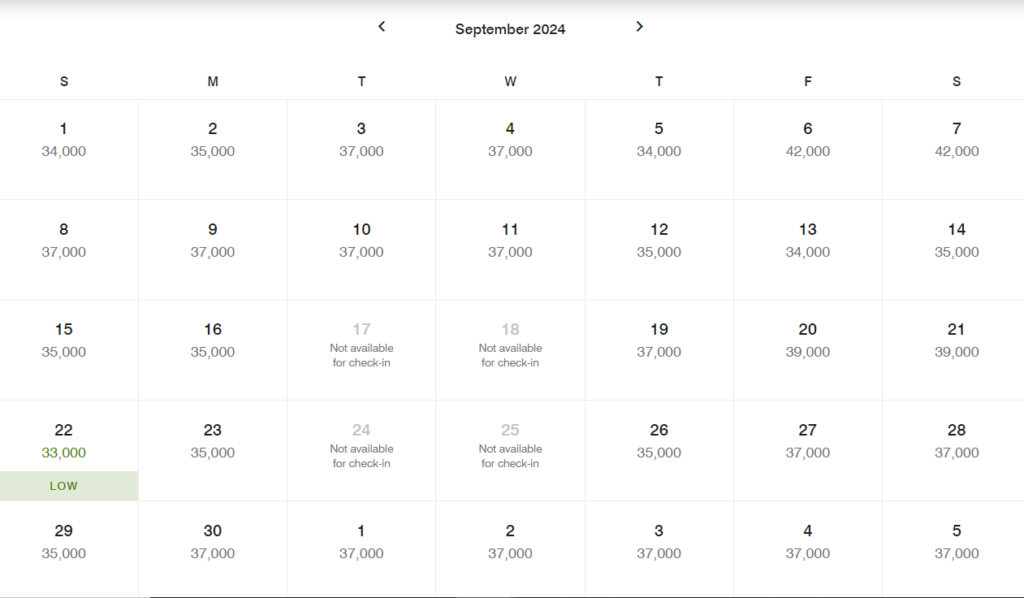 Screen shot of Marriot's award calendar for September 2024 for The Henry