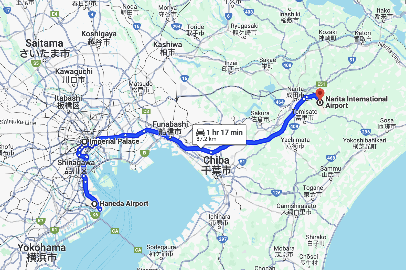 Map showing the distance between HND, Chiyoda City, and NRT.