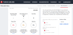 Turkish Airlines 'Miles Transactions' page