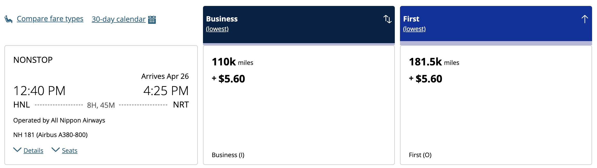ANA award bookable through United from HNL to TYO.