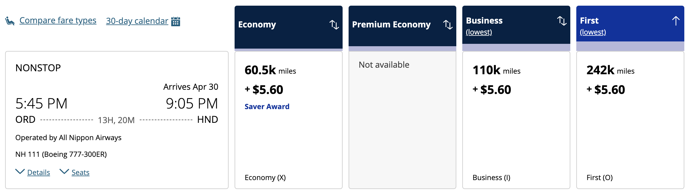ANA award bookable through United from ORD to TYO.