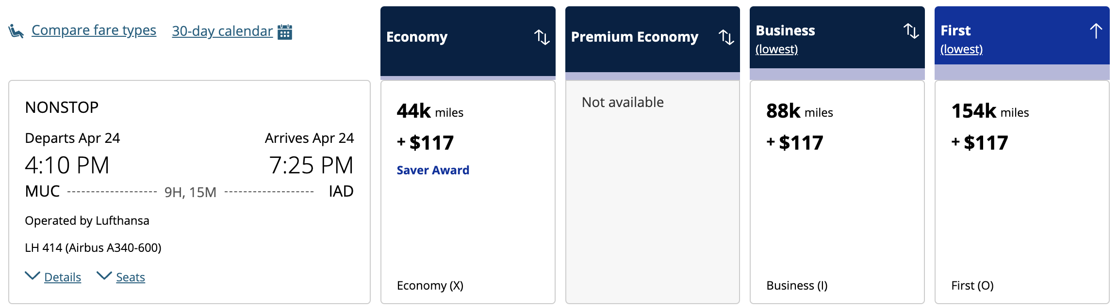 Lufthansa award bookable through United from MUC to IAD.
