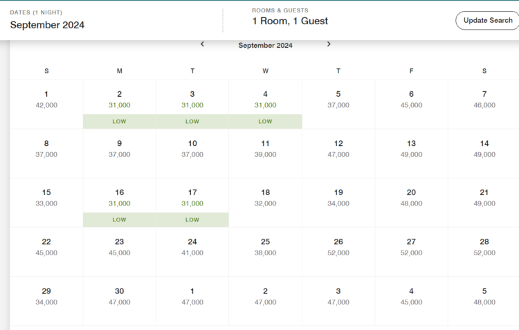 Screenshot of Marriott's redemption calendar for the Williamsburg Lodge for September of 2024