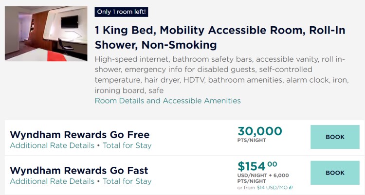 Screen shot of a booking screen from Wyndham Rewards, showing the option to book with all points or with points and cash