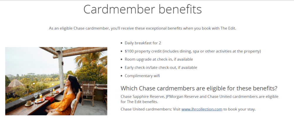 Screen shot of the Chase Travel website explaining the cardmember benefits when you book with The Edit.