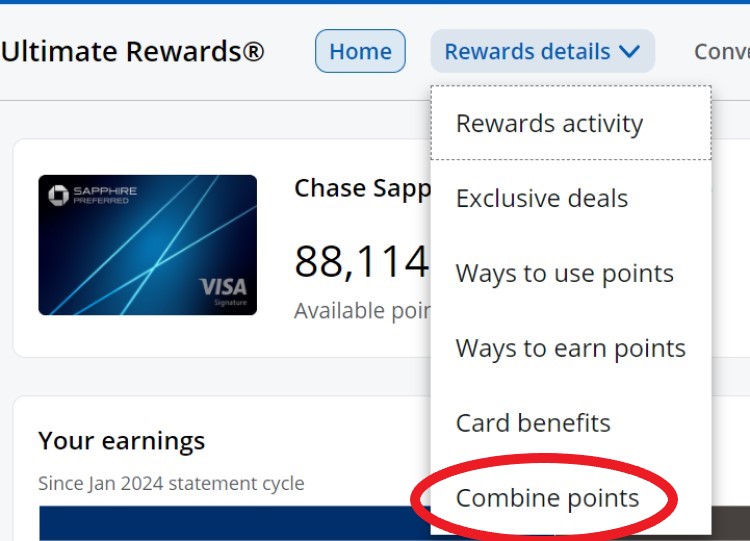 Screen shot of Chase Ultimate Rewards Portal showing how you can combine your points from separate accounts.