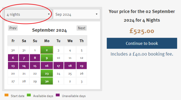 Screen shot of a Cottages.com listing showing how to select and change the number of nights you want to book.