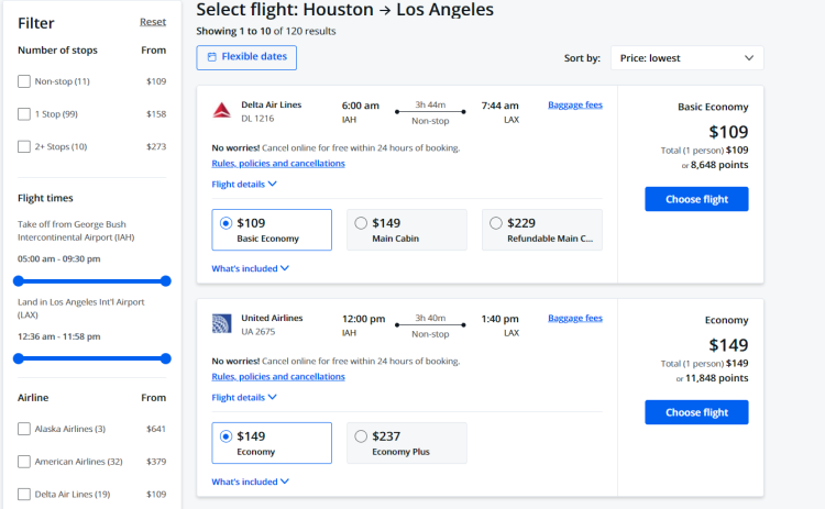 Chase Travel Search results from IAH to LAX