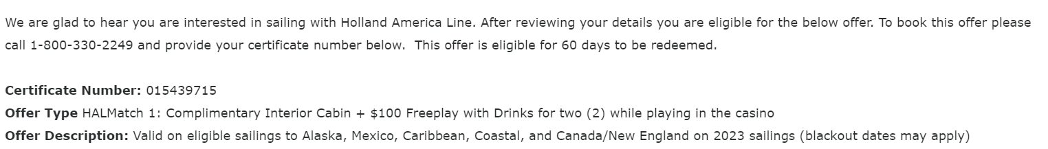 Details of free cruise offer