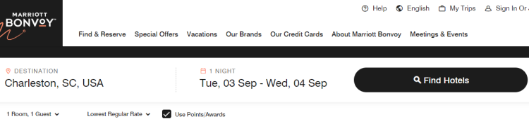 Screen Shot of the Marriott search screen