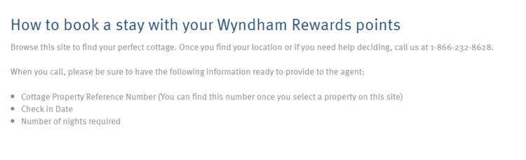 Screen shot of Wyndham Rewards directions for booking a Cottages.com property with Wyndham points.