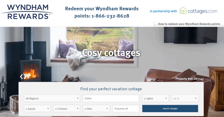 Screen shot of the Wyndham and Cottages.com partnership site, showing how to search for properties bookable with Wyndham points