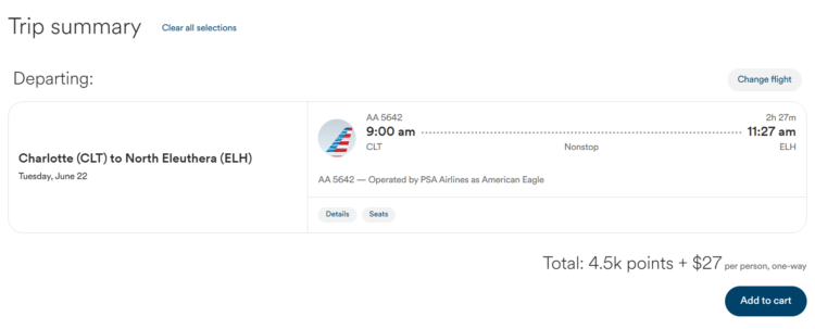 AA award from Charlotte to North Eleuthera, Bahamas bookable with Mileage Plan miles.