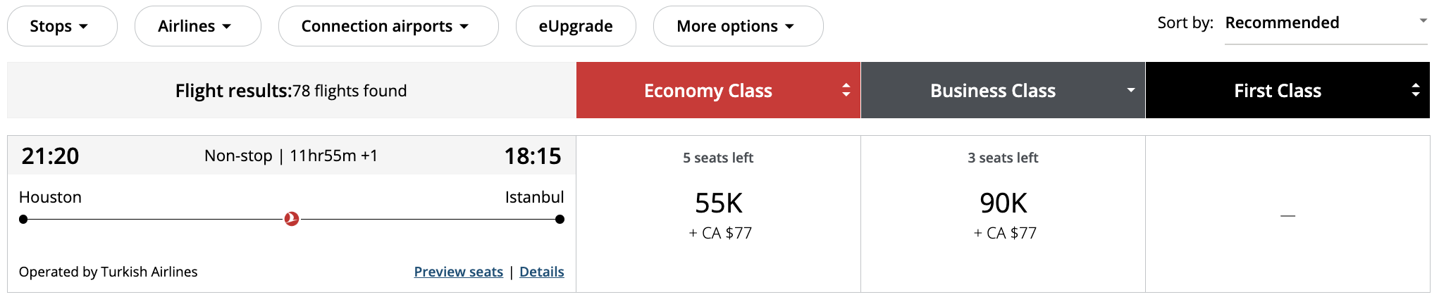 Turkish award from IAH to IST bookable through Aeroplan.