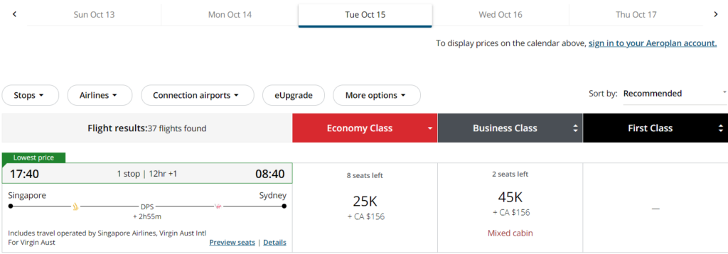 Aeroplan SIN to SYD search results.