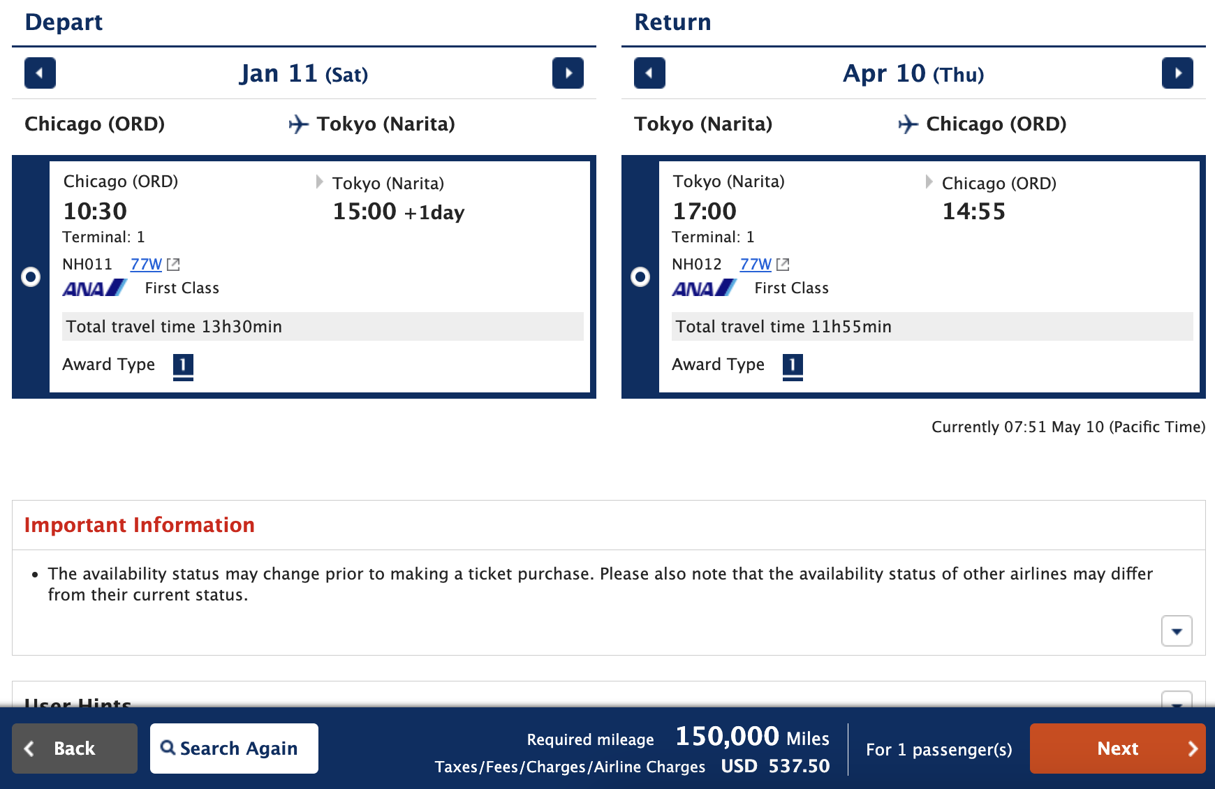 ANA round trip first class award