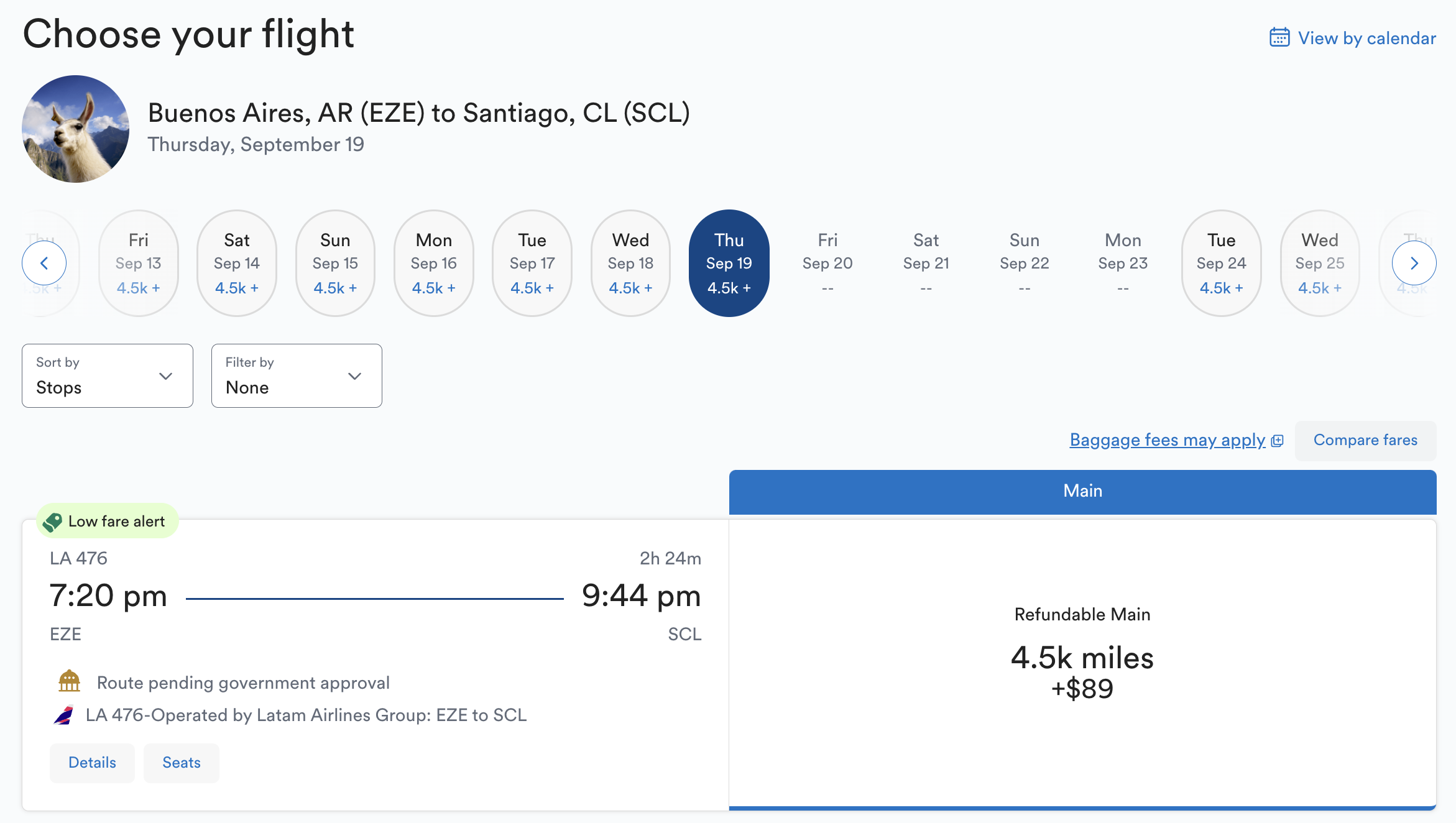 LATAM award from EZE to SCL bookable with Mileage Plan miles.