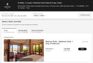 screenshot of Al Maha luxury hotel charging 126,000 Marriott Bonvoy points per night