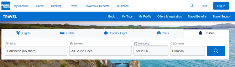Screen shot of the Search feature on Amex Travel Portal