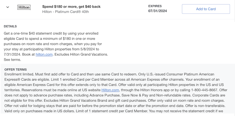 Terms of offer for Hilton