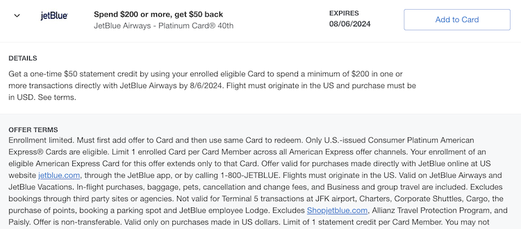 Terms of offer for JetBlue