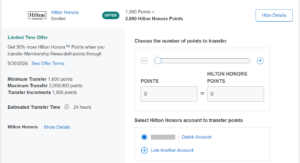 Screenshot of American Express 30% transfer bonus to Hilton Honors