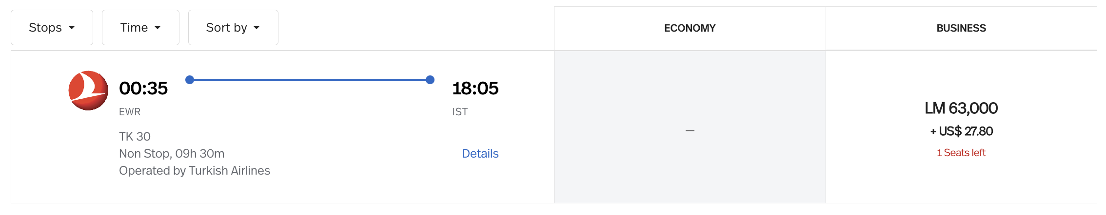 Turkish award from EWR to IST bookable through Avianca.