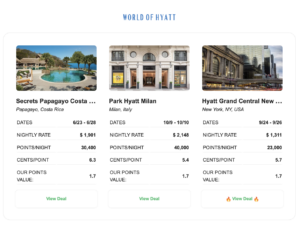 Awayz email showing three high value deals available at three Hyatt properties