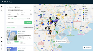 Awayz Tokyo search displaying map of tokyo with available hotels for January 8th 2025