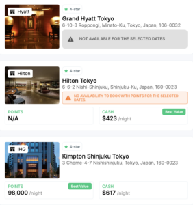 Showing different types of hotel availability 