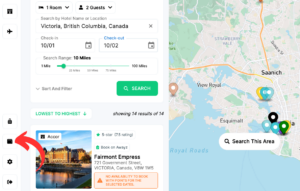 Arrow pointing to the wallet and awards icon on the bottom left corner of an Awayz search screen
