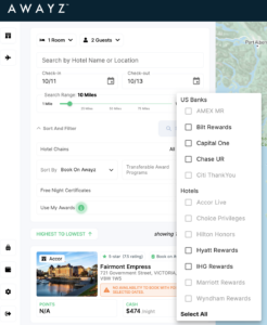 an Awayz drop down menu where you can check boxes to choose types of points with which to filter