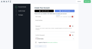 Awayz sign up screen where you enter your name and email and create a password