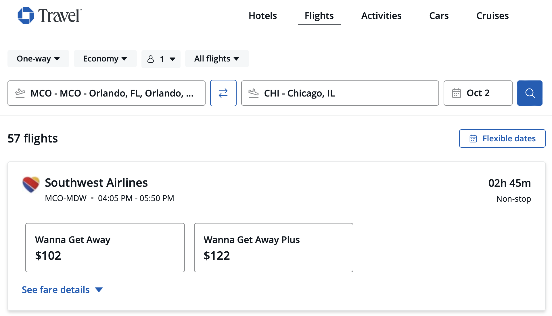 Chase Travel Southwest fare from MCO to ORD