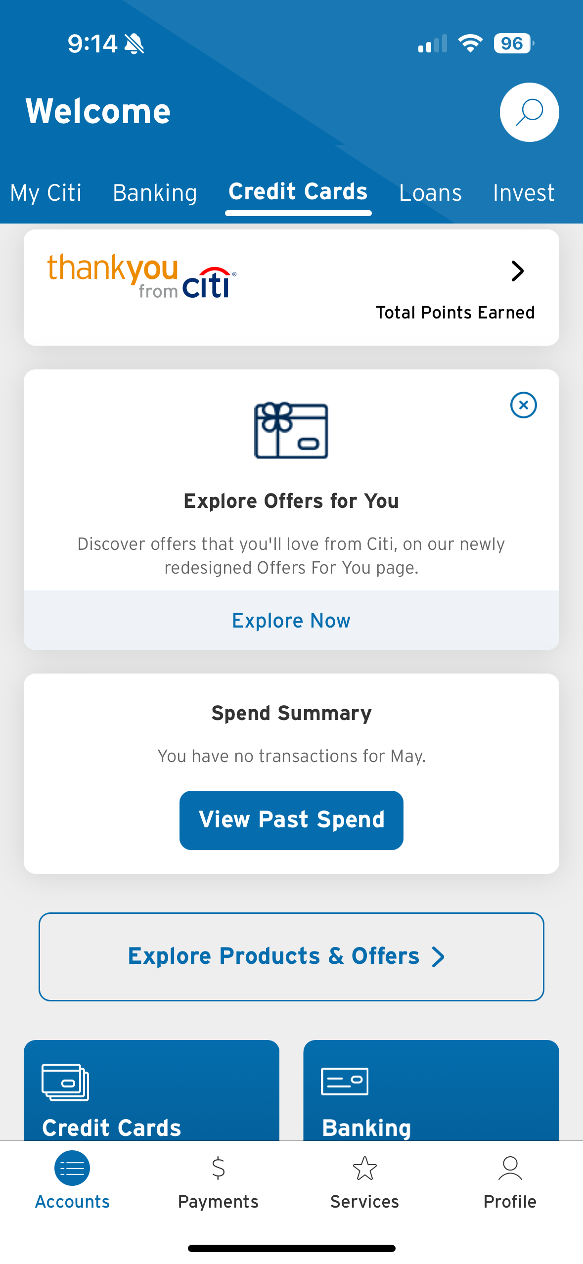 Citi rewards overview in the mobile app.