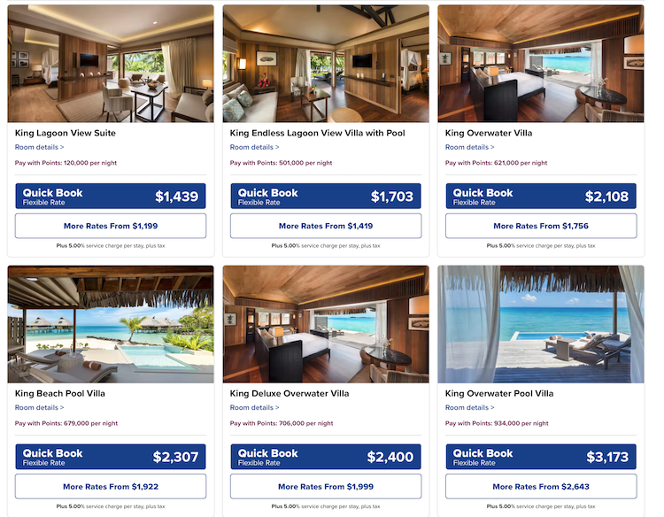 New pricing for the various rooms at Conrad Bora Bora