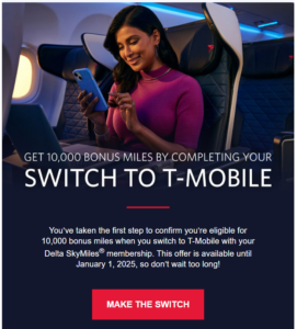 Email from Delta about switching to T-Mobile to earn 10,000 bonus SkyMiles