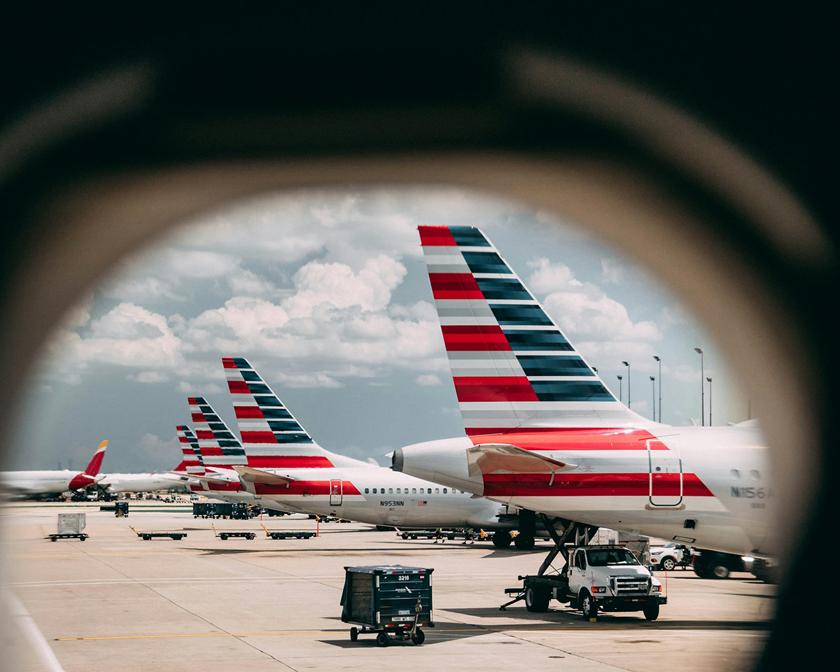 Image of AA tail fins from an aircraft window