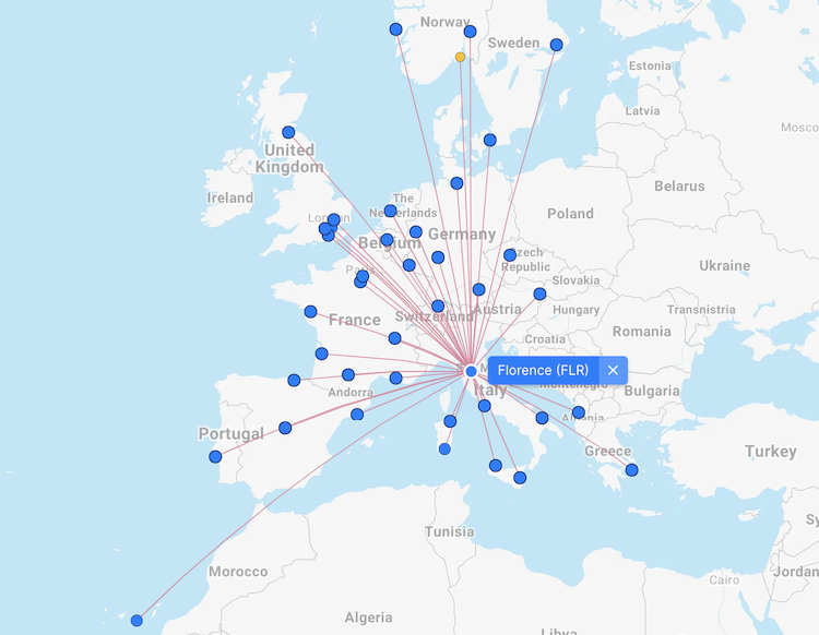 map of airports with flights to FLR in Florence Italy