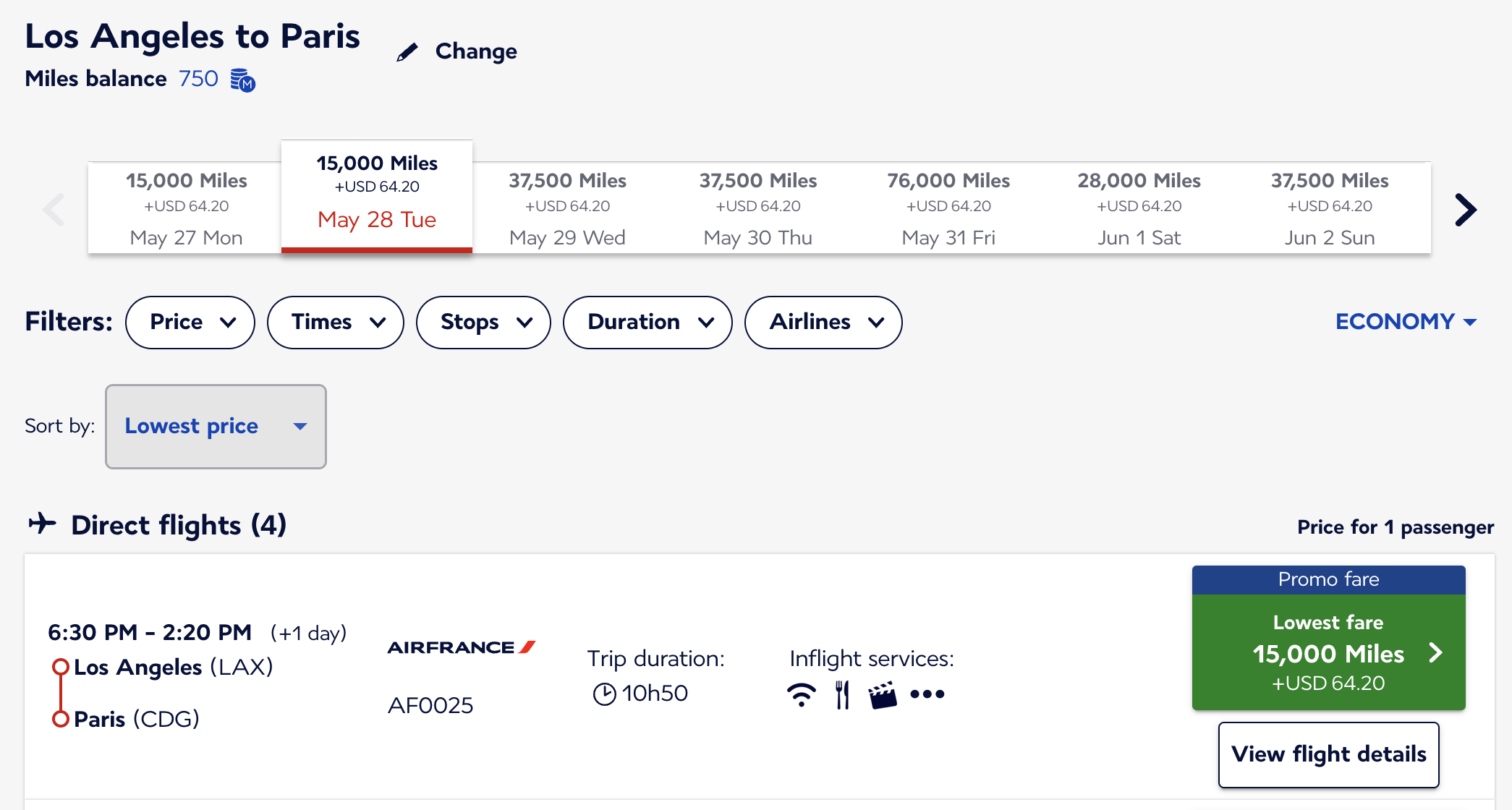 Award from LAX to CDG using 15,000 Flying Blue miles