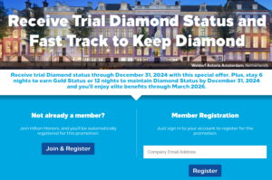 Lander page for Hilton elite status fast track to Diamond promotion