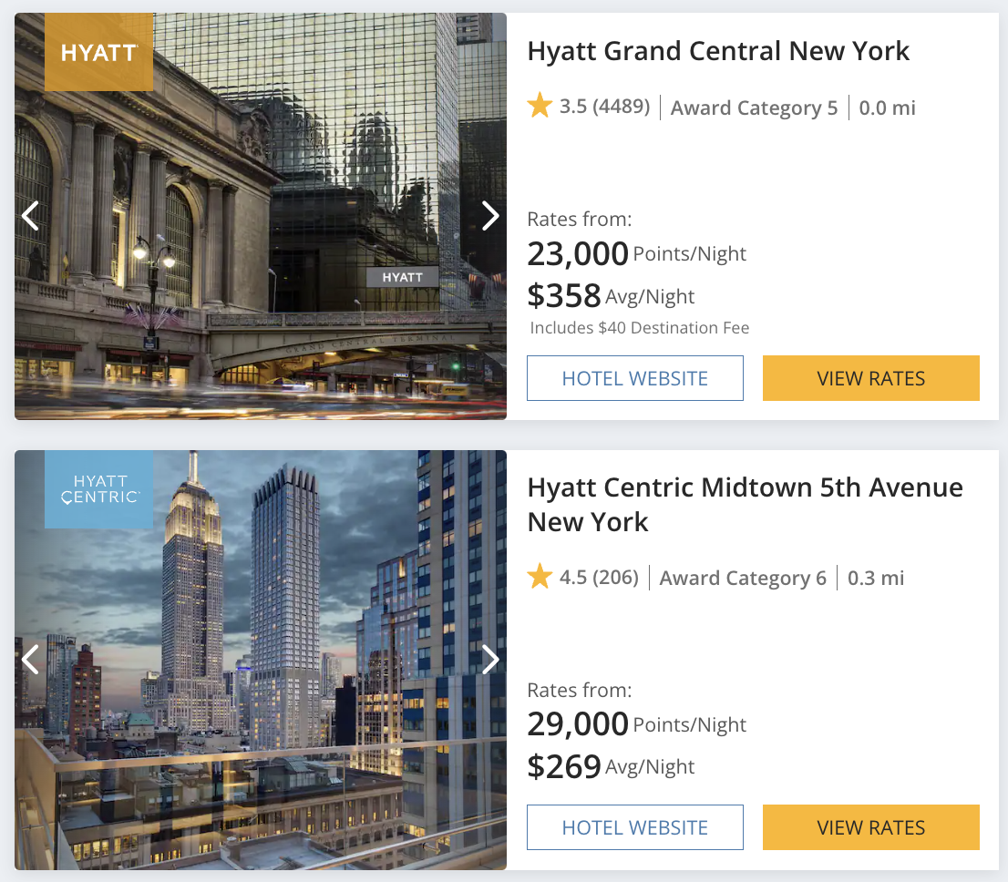Hyatt hotel listings in New York City.