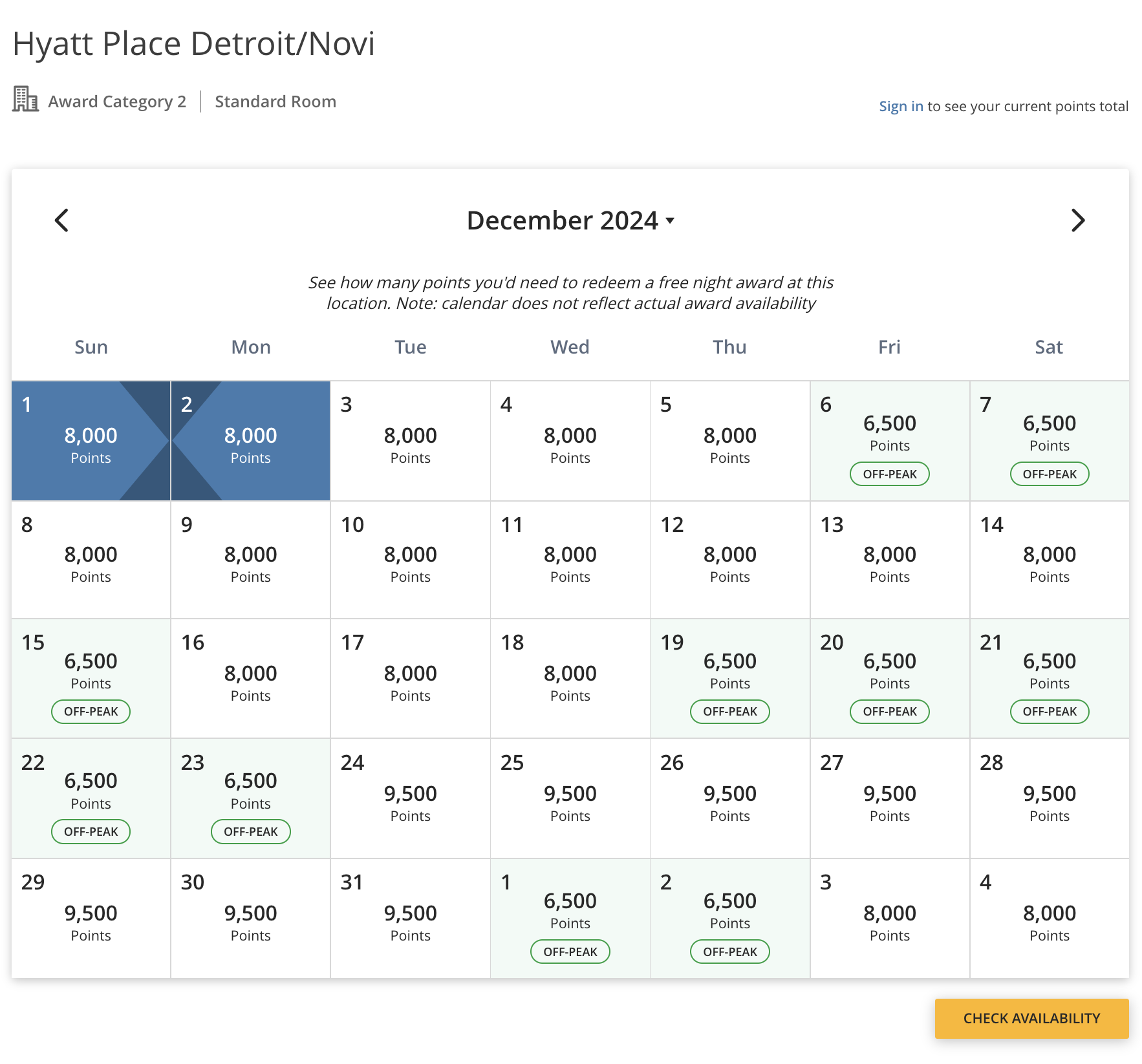 Hyatt Place Detroit/Novi award calendar