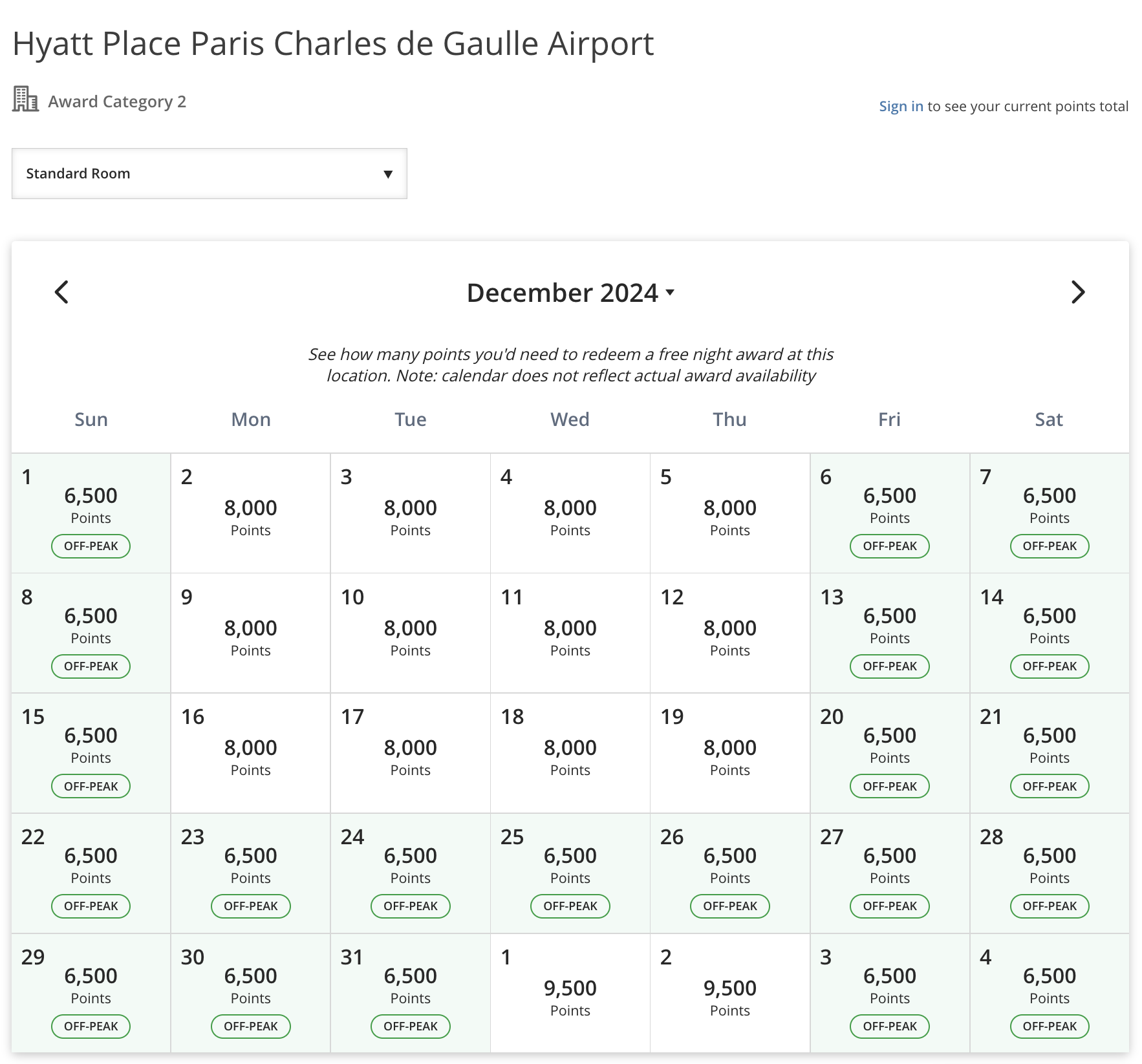 Hyatt Place Paris Charles de Gaulle Airport award calendar