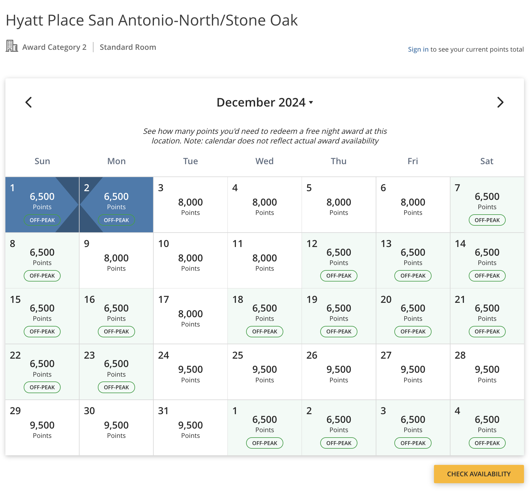 Hyatt Place San Antonio-North/Stone Oak award calendar