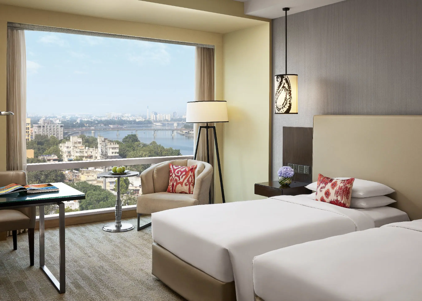 Room and window view at the Hyatt Regency Ahmedabad