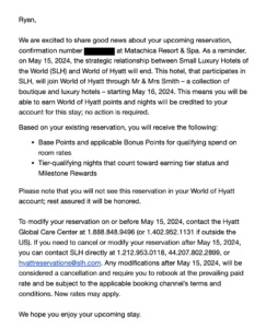 Hyatt email to a guest about SLH to Mr Mrs Smith crossover for an upcoming stay