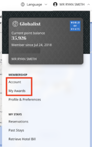 Hyatt menu options to find Brand Explorer status